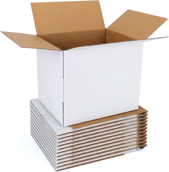 CRUGLA 12x10x10 Shipping Boxes 10 Pack, White Corrugated Cardboard Boxes with Side-Lock and Pre-Applied Double-Sided Tape, Easy Assemble Packing Mailer Boxes for Small Business Shipping
