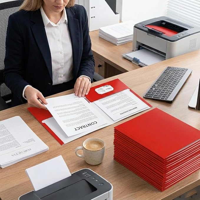 Zzrywuty File Folders with Pockets Letter Size,50-Pack Paper Folders with Card Slot,Red Two Pocket Folders for School Students,Businessmen,Home and Office Workers