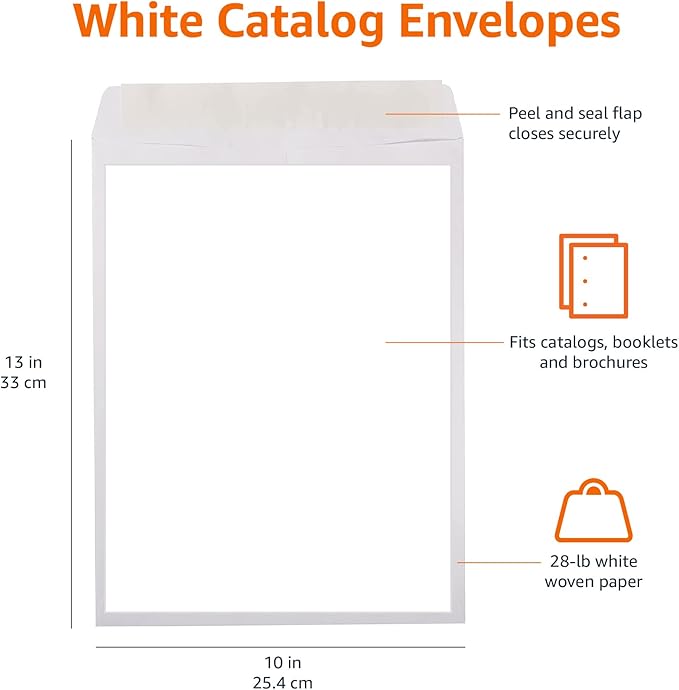 Amazon Basics Catalog Mailing Envelopes, Peel and Seal, 10 x 13 Inch, White, 100-Pack