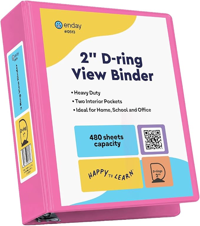 Enday 2 Inch 3 Ring Binder, Pink Heavy Duty Three Ring Binder, 480 Sheets Capacity - 2 Inch Binder for Home School and Office.