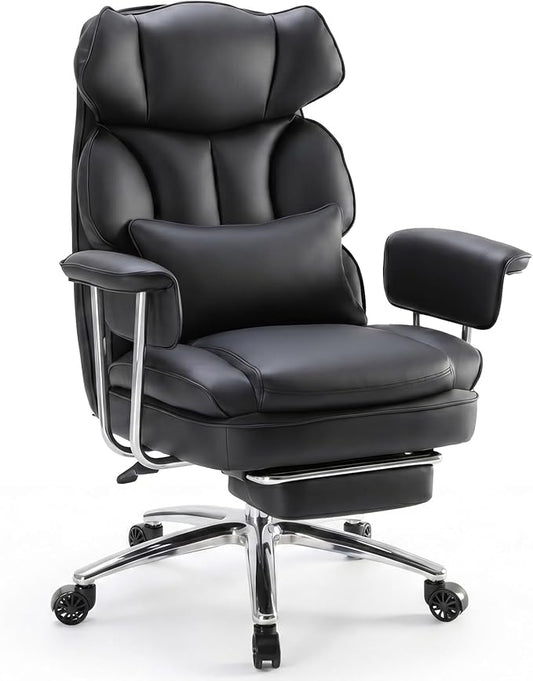 Sweetcrispy Executive Home Office Chair, Ergonomic Desk Chair | Big Tall High Back, Lumbar Support, Reclining Height Adjustable, PU Leather, Computer Gaming, Footrest Swivel Wheels, Black