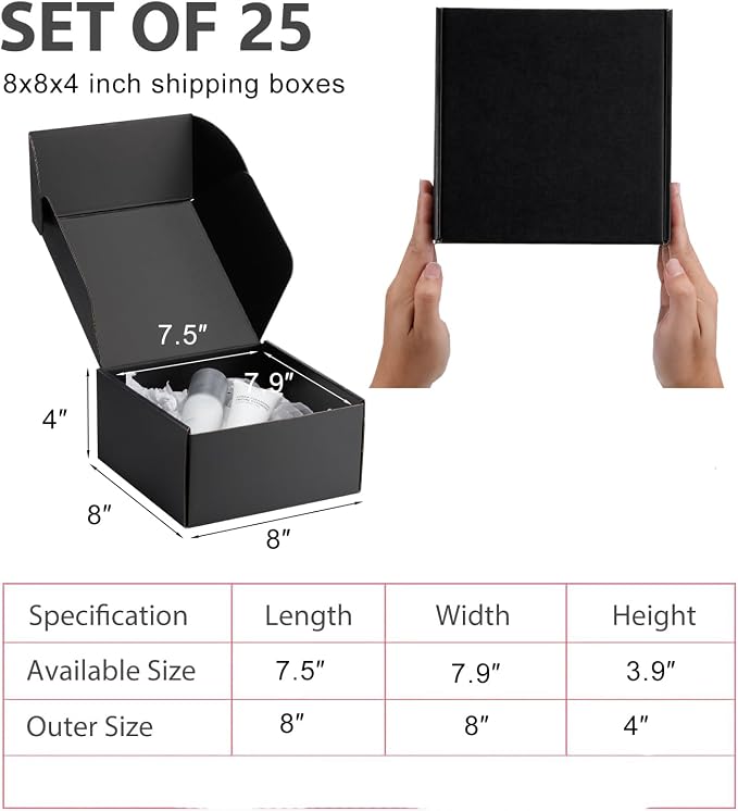 8x8x4 inch Black Shipping Boxes for Small Business- Set of 25 | Sturdy ECT 32 Corrugated Cardboard Mailer Boxes, Easy Assemble for Packaging, Mailing, Gift