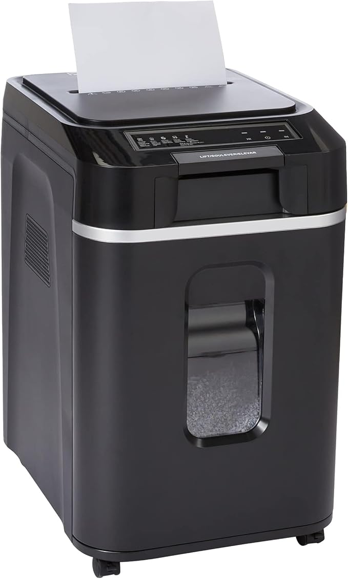 Amazon Basics 200-Sheet Auto Feed Cross-Cut Paper Shredder, High Security P-4, Anti-Jam, 8.5 Gallon Pullout Bin, Black