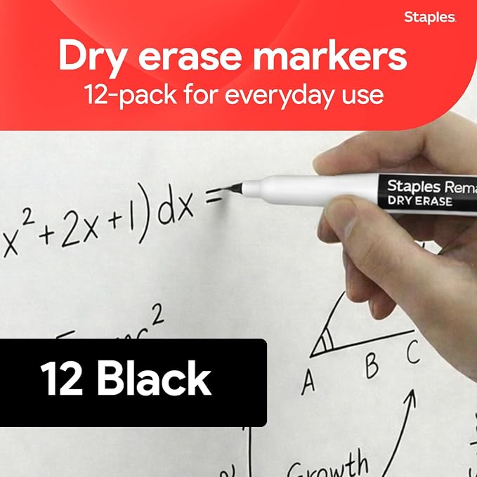 Staples Remarx Dry Erase Markers, Ultra Fine Tip, Black, 12-Pack | Precision whiteboard markers for school, office, and planning use.