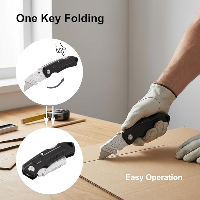 (2-Pack) Box Cutter with 10 Extra Blades, Heavy Duty Folding Utility Knife for Cardboard, Carton, Carpet Cutting, Anti-slip ABS Handle, Quick Replace Blade