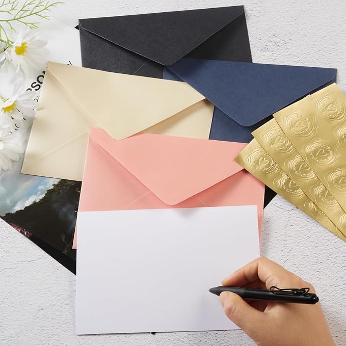 50 Pieces Shiny Envelopes with Gold Stickers, Navy Blue, 5x7 | Gold Stickers Included, For Wedding Invitations, For Graduation, For Baby Shower, For Greeting Cards