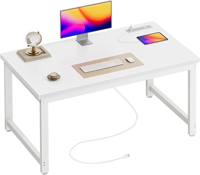 Huuger 48 x 24 inch Desk with Power Outlets & USB-C, Deeper & Thicker Desktop, Robust Metal Tubes, Computer Desk, Heavy Duty Office Desk, Work Gaming Desk for Home Office, White