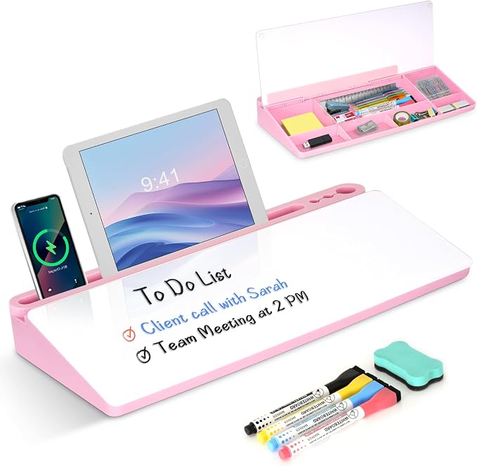 Desktop Glass Whiteboard with Storage, Desk Dry Erase White Board Pink | Computer Keyboard Stand, Office Desk Organizers and Accessories with Drawer, To Do Memo Notepad, Home School Supplies