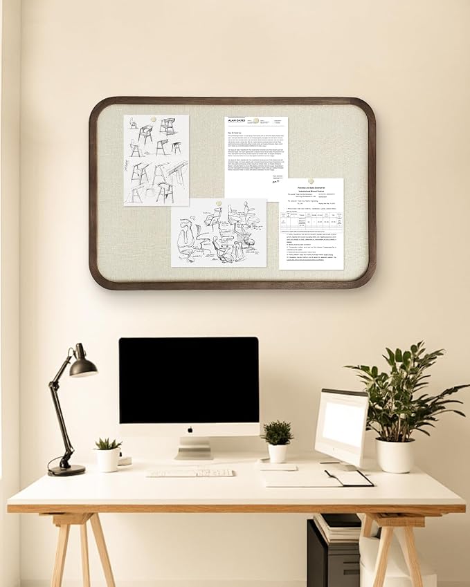 Linen Bulletin Board, Pin Board for Walls, Fabric Bulletin Board, Large Pin Board for Home Kitchen Office Decorative, 20"x30" Linen Brown Wood Frame Cork Board(BN-5075)