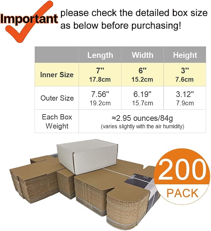 200 Pack 7x6x3'' Small Shipping Boxes, Corrugated Cardboard Mailers for Business, White (CM763-200)