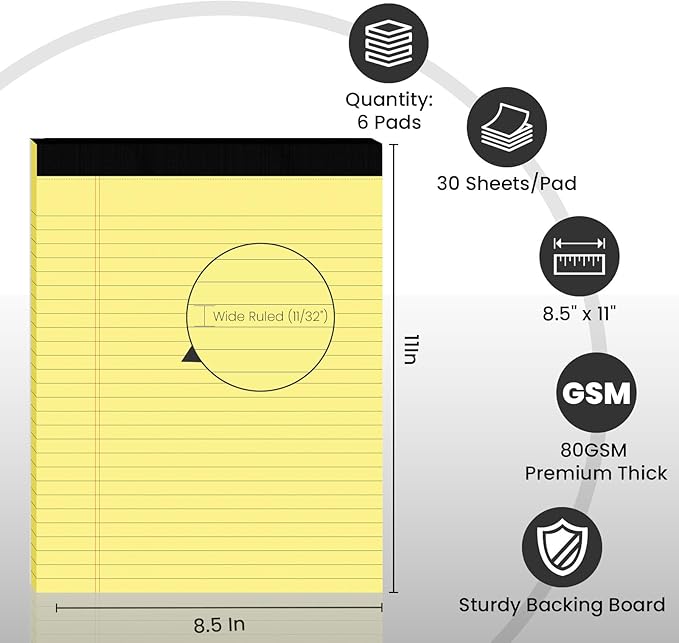 6pcs Legal Pads 8.5 x 11,Notepads 8.5 x 11 Inch, 30 Sheets/Pack, Yellow Note Pads Clear Print Writing Pads of Paper, Perforate Wide Ruled Lined with Sturdy Back for Office, Business & School Supplies