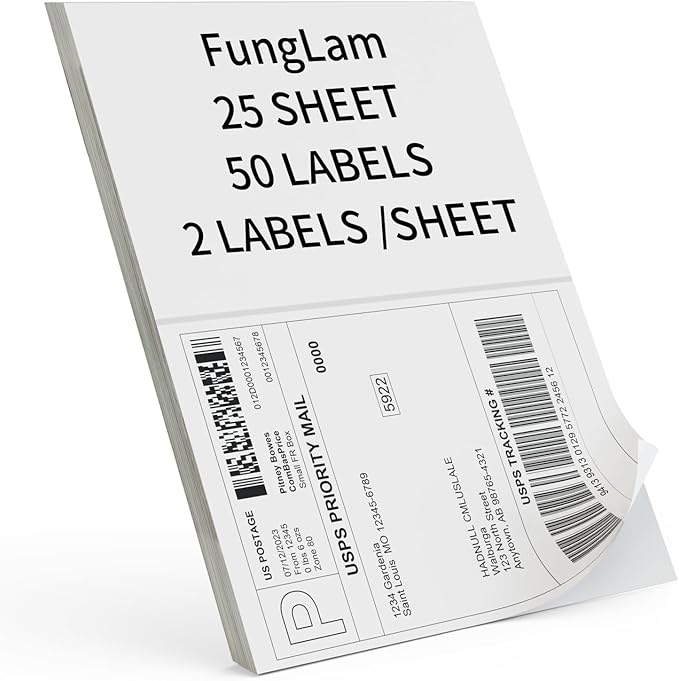 Half Sheet Shipping Labels 8.5x5.5 Inches, FungLam Half Page Labels, 8.5”x11” Self Adhesive Shipping Labels for Laser&Inkjet Printers, White Mailing Address Labels, 2 Labels Per Sheet, 50 Labels.