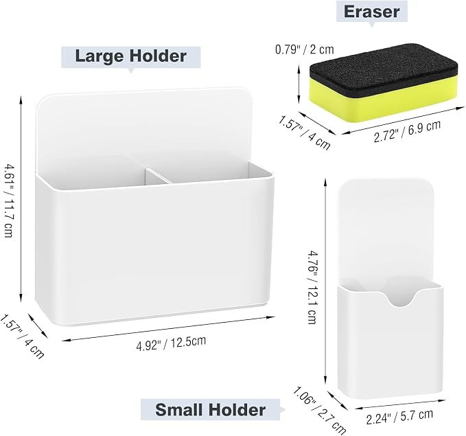 MoKo Magnetic Pen Holder Set, 3-Pack with Eraser, White | Magnetic dry erase marker holder set has one large divided organizer, two small holders and one eraser.