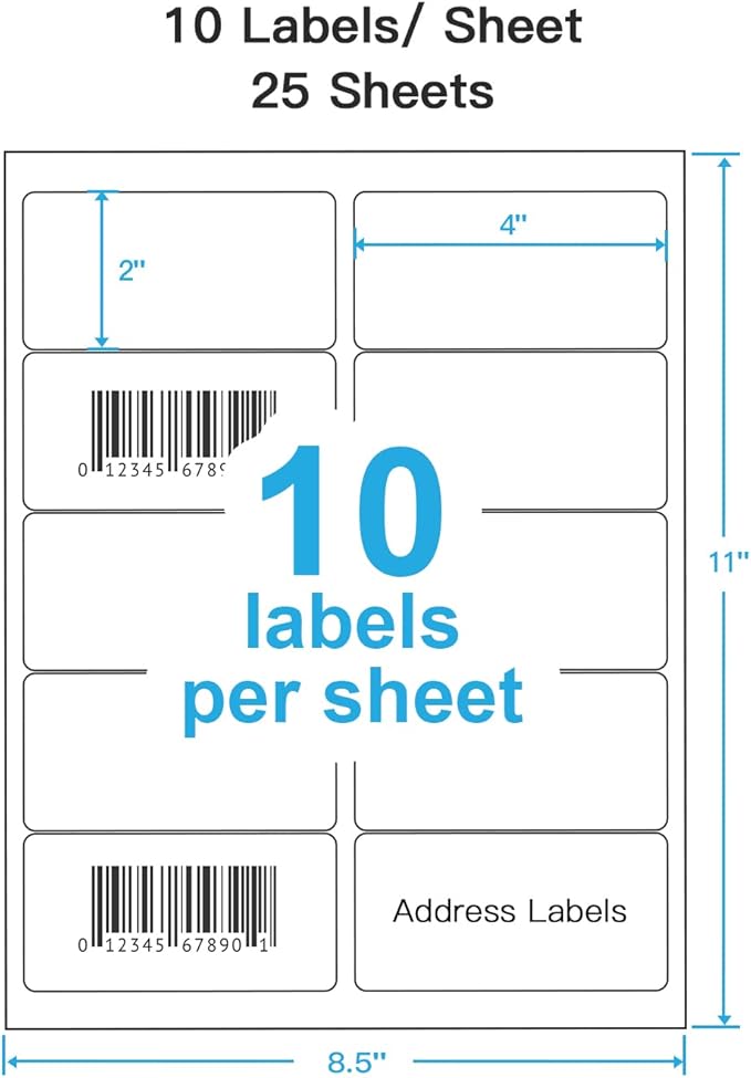 Shipping Address Labels, 2" x 4" Address Labels for Laser & Inkjet Printers, Mailing Labels for 5163, 8163, 5263, Strong Adhesive for FBA Label, Easy to Peel (25 Sheets, 250 Labels)