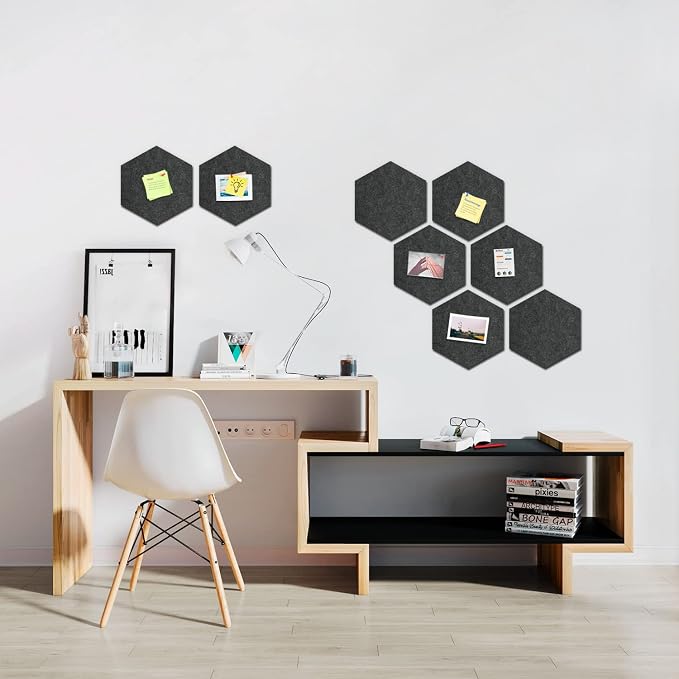8-Pack Hexagon Felt Bulletin Board Tiles, Cork Board Alternative | For students and teachers creating vision boards in homes, offices, dorms or classrooms; includes 30 push pins.