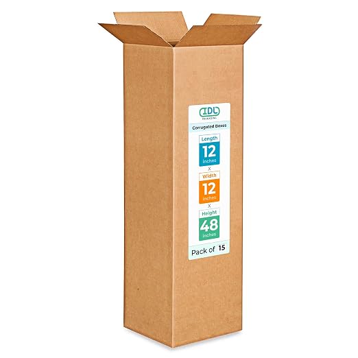 IDL Packaging Medium Corrugated Shipping Boxes 12"L x 12"W x 48"H (Pack of 15) - Prime Choice of Strong Packing Boxes for USPS, UPS, FedEx Shipping - Easy-to-Recycle Cardboard Boxes for Packaging | Extra Strength 200 lb vs Regular - Corrugated Boxes fo...