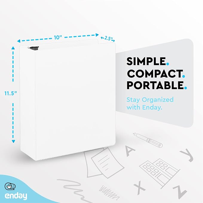 Enday 2 Inch 3 Ring Binder, White Heavy Duty Three Ring Binder, 480 Sheets Capacity - 2 Inch Binder for Home School and Office.