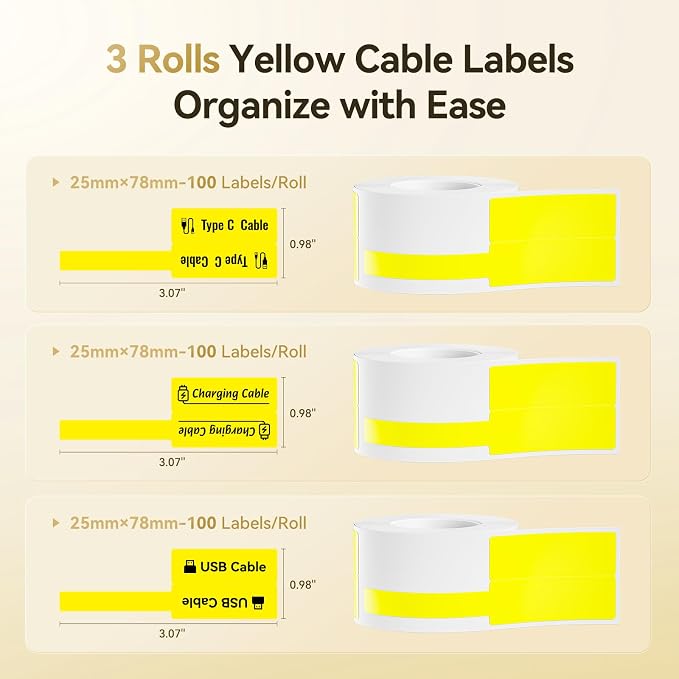 NIIMBOT Cable Labels 3 Rolls Set for B1/B21/B2/B31 Label Maker, Yellow | 25x78mm (0.98'' x 3.07'') 100 Labels/Roll, Refill Labeling Tape for Home School Office Small Busines