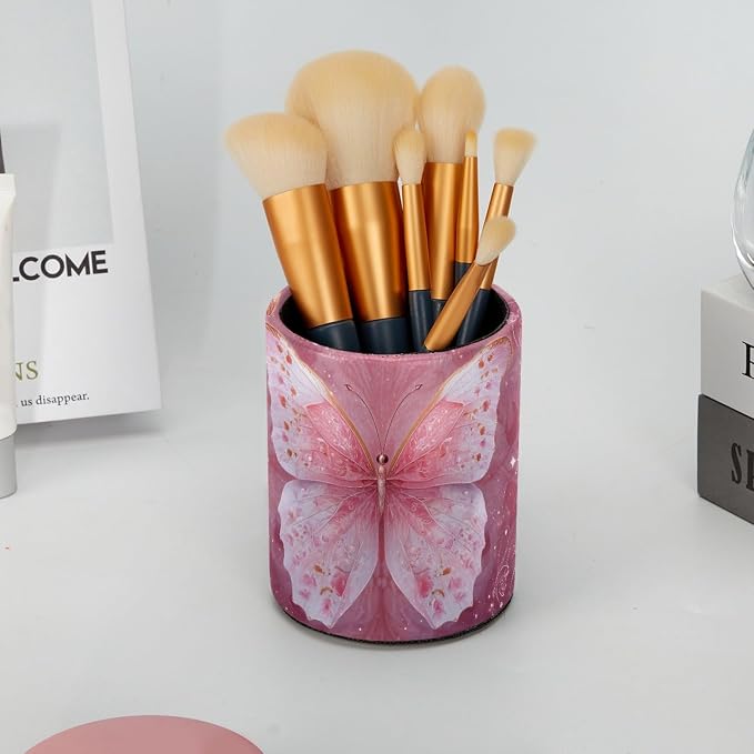 Leather Pen Holder for Desk, Pink Butterfly Pencil Cup Pen Organizer Makeup Brush Holder for Office Home Kids Countertop Desk Accessory Storage