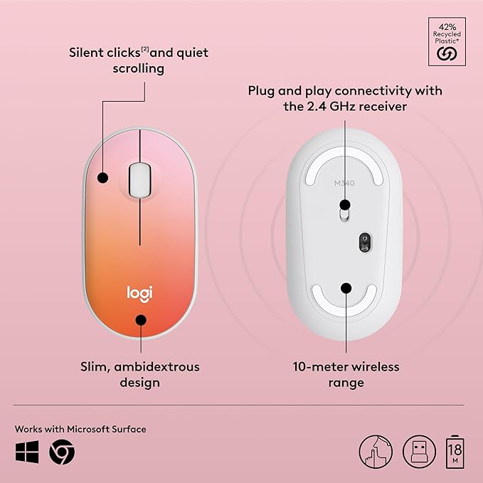 Logitech M340 Wireless Mouse with Limited Edition Prints, USB Receiver and Silent Clicks, Portable Wireless Mouse for Laptop, PC, Windows, Chrome, Surface – Tropical Sunrise