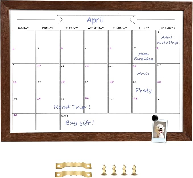 Dry Erase Monthly Calendar Whiteboard, Magnetic White Board for Wall,Brown | Small 10.6"x 14.6",Hanging Board for Office, Home School, Solid Pine Wood Black Framed Message Board