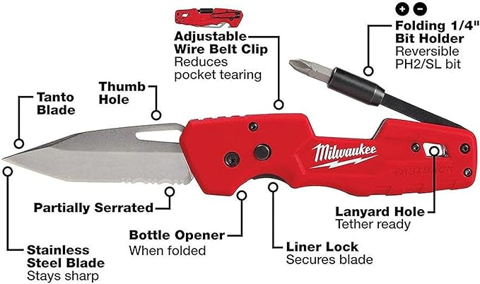 Milwaukee FASTBACK Folding Utility Knife w/Blade Multifunctionality, Red-black