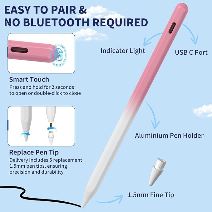 iPad Pencil for 9th & 10th Generation, Fast Charge Stylus Pen for Palm Rejection and Tilt Sensitivity, Compatible with iPad Pro 11/12.9in, Mini 5/6, iPad 6/7/8/9/10, Air 3/4/5 (W/PK)