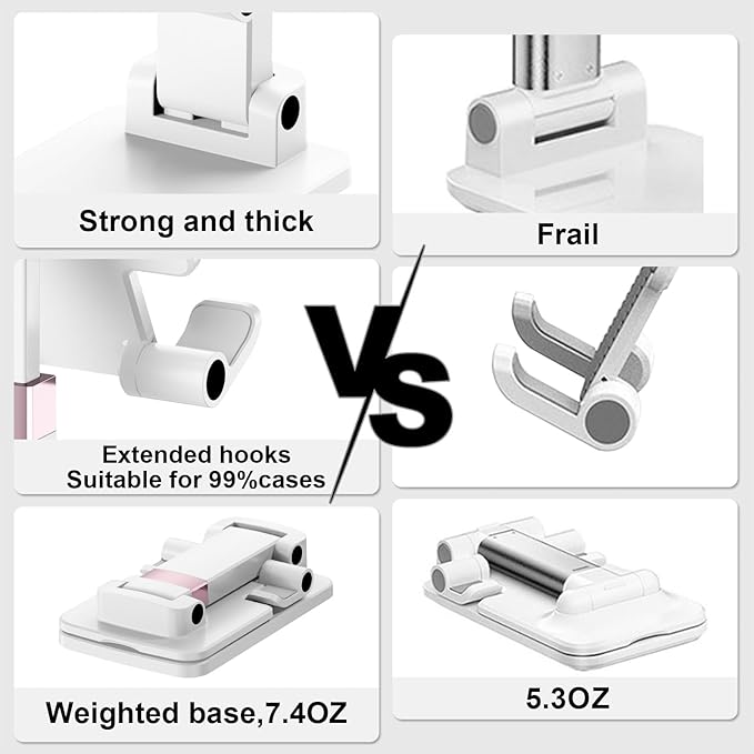 Phone Stand for Desk, Cell Phone Holder Adjustable Office Cellphone Stand for Desk Adjustable Tablet Stands Compact Design for iPhone iPad Android Devices Under 12", White