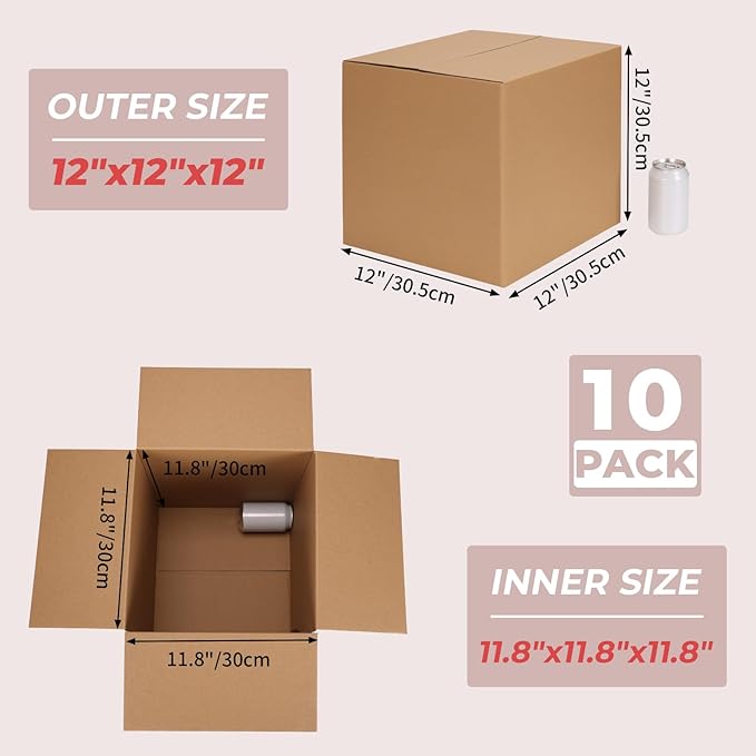 ZBEIVAN Shipping Boxes Mailers 12x12x12 inches Corrugated Cardboard Small Packing Kraft Moving Mailing Box, Pack of 10