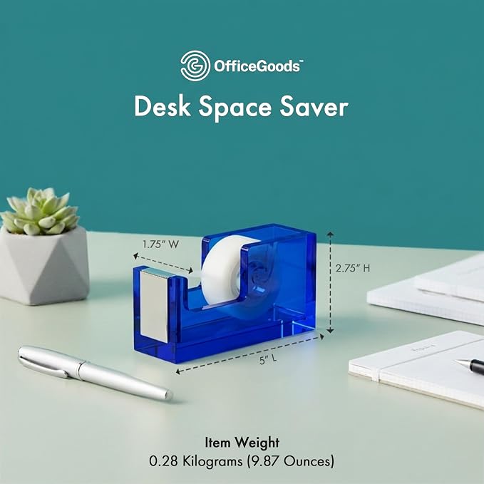 OfficeGoods Acrylic Tape Dispenser, Aesthetic and Compact Design, Blue | Modern desk accessory for office, Heavy duty refillable tape holder for crafting, Stylish desktop accessory for gift wrapping