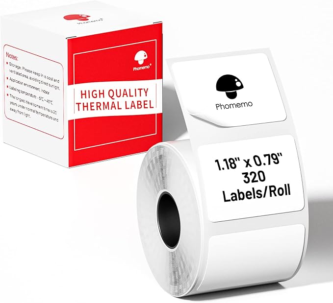 Phomemo Thermal Labels, 1.18" x 0.79", for M110/M100/M220/M108, 300 PCS | Square 30×20mm Name Thermal Stickers for Kids & School, 1 Roll, for Barcode, Logo, Business, Home, Peptide Vial, White
