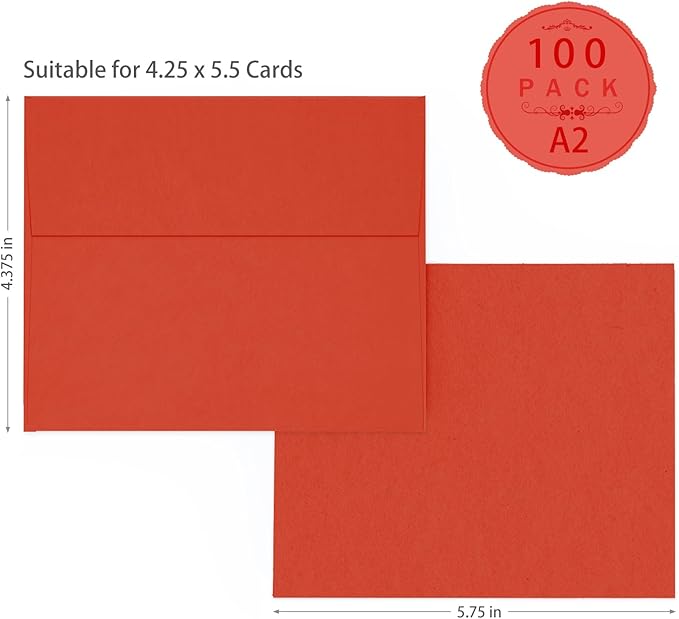 Red A2 Envelopes Self Seal 100 Pack, 120 GSM Printable Goefun 4.375 x 5.75 Invitation Envelopes for 4.25 x 5.5 Cards, Photos, Invitations, Weddings, Graduation, Baby Shower, and Various Holidays