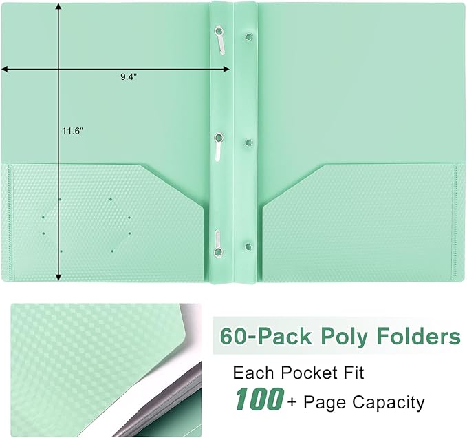 60-Pack Plastic andPockets and Prongs,2-Pocket and3 Fasteners, Pastel Folders Holds 8-1/2" x 11" Paper for School/Office/Home, Green