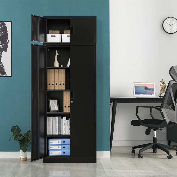 BESFUR 87" Tall Metal Storage Cabinet with Top Cabinet, Locking Garage Storage Cabinet with 4 Adjustable Shelves, Heavy-Duty Tall Cabinet for Home Office, Utility Room, Warehouse, School (Black)