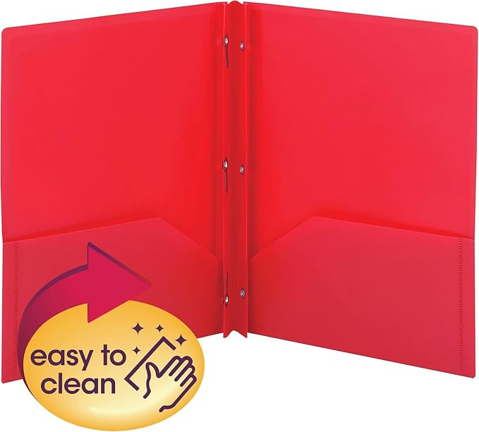 Smead Poly Two-Pocket Folder, Three-Hole Punch Prong Fasteners, Letter Size, Red, 6 Count (87727)
