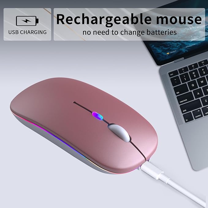 Wireless Bluetooth Mouse – Rechargeable, Silent, Dual Mode (Bluetooth 5.2 & USB) with LED Lights – Portable for Laptop, Desktop, & Tablet(Rose Gold)