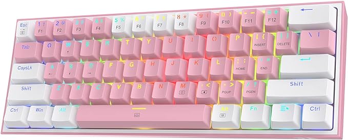 Redragon K617 Fizz 60% Wired RGB Gaming Keyboard, 61 Keys Hot-Swap Compact Mechanical Keyboard w/White and Pink Color Keycaps, Linear Red Switch, Pro Driver/Software Supported