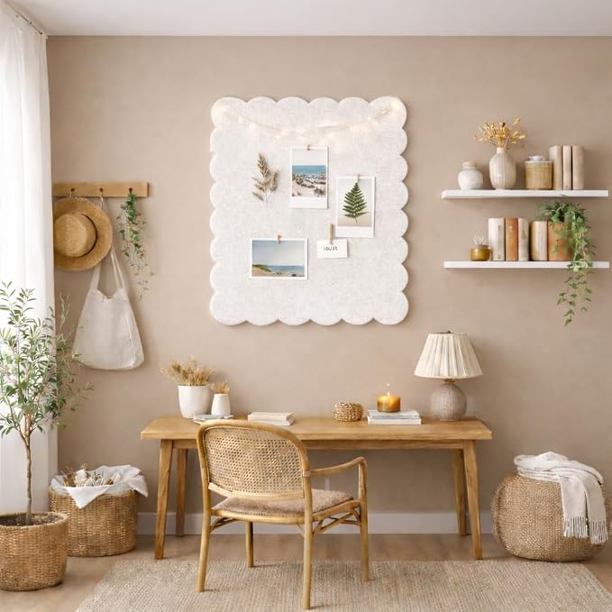 Scalloped Felt Bulletin Board 36 x 24 Inches (Warm Beige) | Large Decorative Pin Board for Wall, Vision & Message Board for Home Office, Bedroom & Study