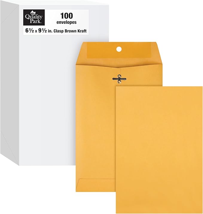 Quality Park Clasp Envelopes, 6.5 x 9.5 Inch Brown Kraft Catalog Envelopes, for Mailing Small Business Papers, Gummed Closure, Box of 100 (QUA37863)