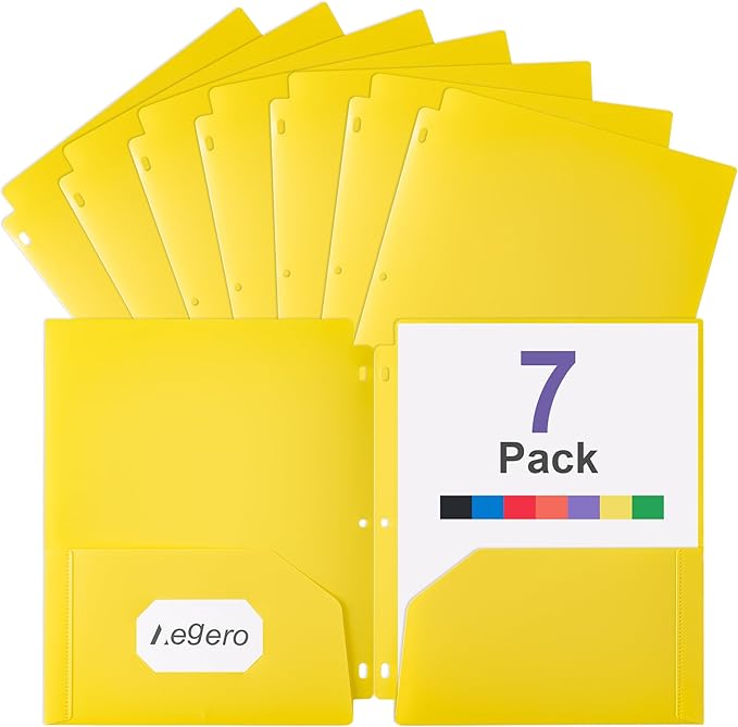Plastic 3 Hole Punch Folders with Pockets (7 Pack, Yellow), Fits 3-Ring Binder, Divider Folder for Notebook, Durable Poly，Holds US Standard 8.5x11 Letter Size Paper