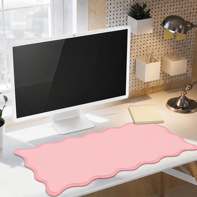 Hahafelt Scalloped Desk Mat Waterproof,Light Pink,31.5 X 15.8 Inches | Coquette Preppy Style for School Office Makeup Vanity, Nonslip Gaming Desktop Protector with Scalloped Stitched Edge Mat