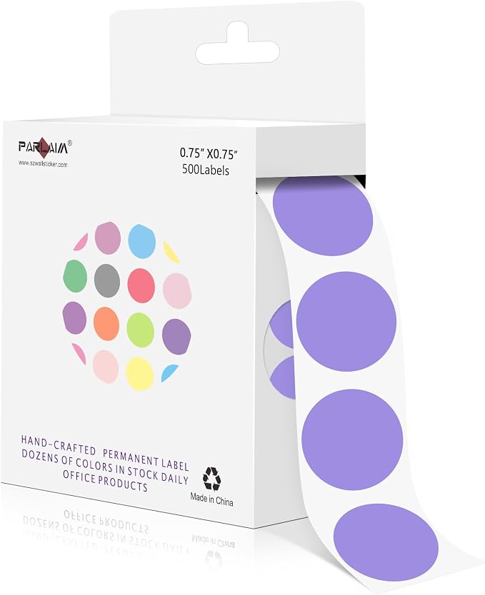 PARLAIM 3/4 Inch Color Coding Label Stickers,500PCS Circle Inventory Sticky Dots Sticker in Dispenser Box,Purple Adhesive Round Dot Labels for Office Home(Purple)