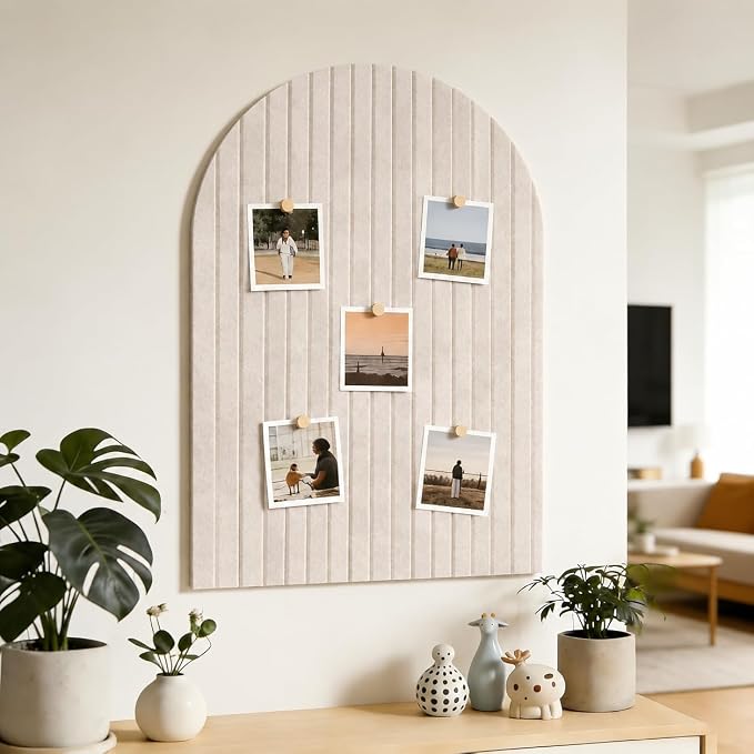 Large Arched Felt Bulletin Board, Sized 36" x 24" for Office & Wall Decor – 6 Customizable Adhesive Tiles with Pins are Perfect to Display Your Photos (Khaki)