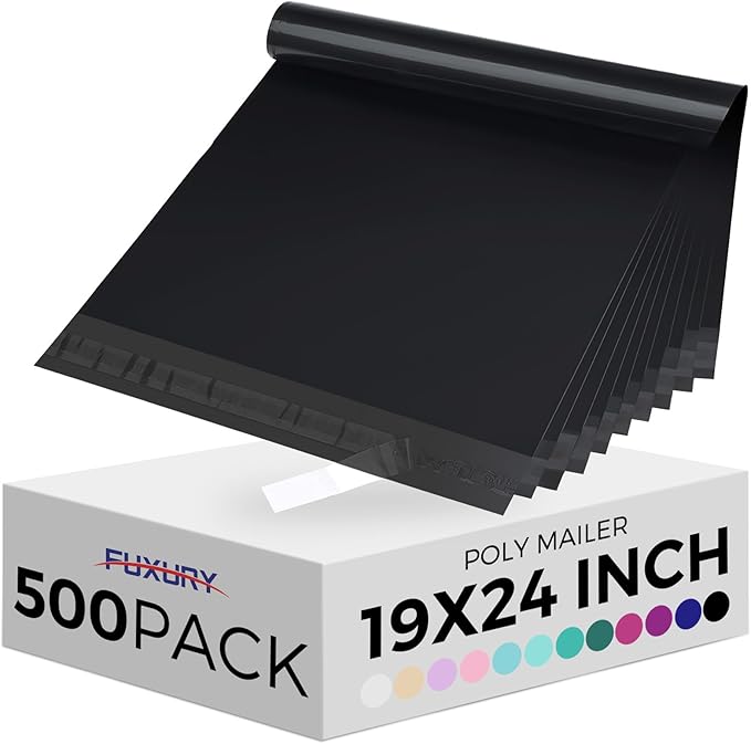Fuxury 500pcs Poly Mailers 19X24 inch,Self Adhesive Shipping Bags for Clothing,Waterproof Shipping Envelopes Mailers Poly Packaging Bags for Small Business, Flexible Mailing Envelope Black