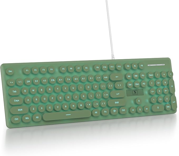 surmen Cute Quiet Keyboard Green Wired Typewriter Keyboard, Light Up Backlit PC Keyboards with Retro Round Keys Full Size 104 Keys for Office Computer (Dark Green)