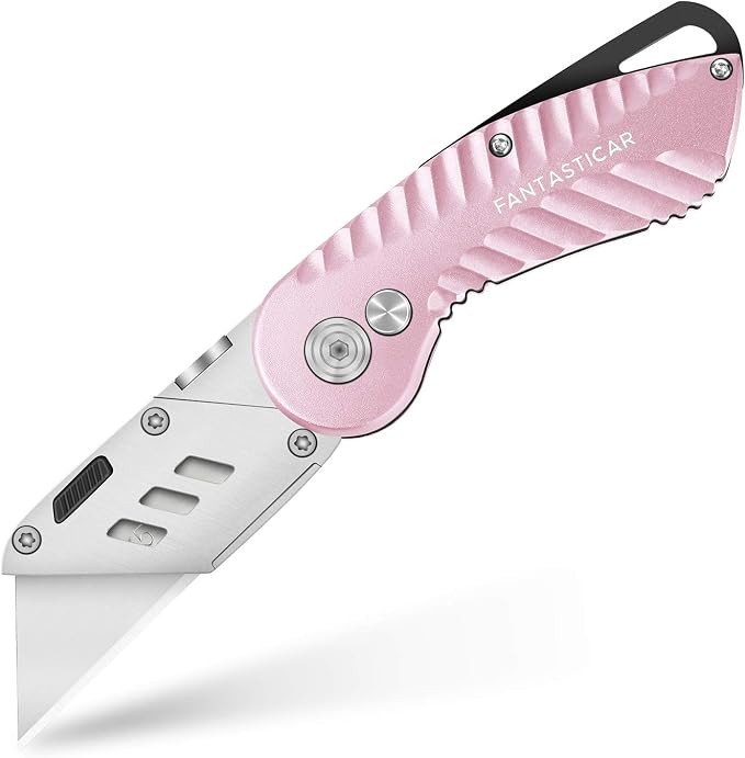 FantastiCAR Folding Utility Knife, Sturdy Metal Box Cutter with Extra 5 Blades, Quick Blade Change, Anti-slip Safety Lock, and Preminium Gift Packaging, for Cardboard Opener, Paper Cutter (Pink) | Anti-slip Sturdy Knife Body, Quick Blade Change, Premiu...