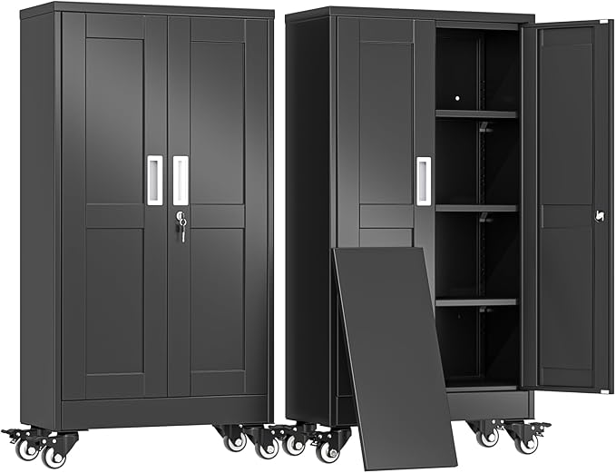 erosoei 45.6"H Metal Garage Storage Cabinet, Rolling Tool Cabinet with 2 Doors and Wheels, Locker Steel Cabinet with 3 Adjustable Shelves, Organization Cabinet for Garage,Office,Home,Gym,School（Black）
