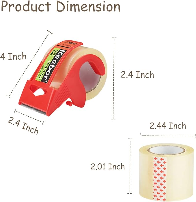 Packing Tape with Dispenser, 12 Rolls Clear Shiping Package Tape, 2'' x 32.8 yd, 1.5'' Core, Designed for Packing, Shipping & Mailing | 2'' x 32.8 yd, 1.5'' Core, Designed for Packing, Shipping & Mailing