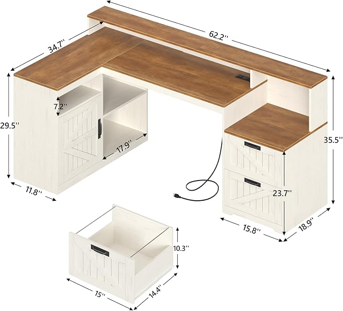 63" Farmhouse L Shaped Desk with Drawers and Printer Stand for Home Office | Computer Desk with Power Outlet, Home Office Desk with Storage Shelves and Monitor Stand, Brown and White