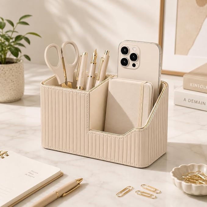 Luxury PU Leather Desk Organizer for Office Accessories, Aesthetic Pen Holder for Desk, Modern Desktop Storage Organizer for Women Home Office Supplies, Beige with Gold Trim